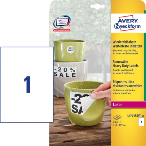 Avery 20 etichette adesive rimovibili, in poliestere bianco, per protezione e sicurezza, uso esterno (210mmx297mm) - (1 etich. x 20fg) - 1conf. - L4775REV-20