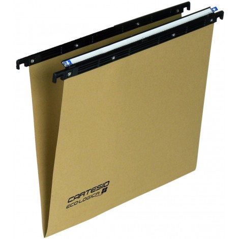 Bertesi CARTESIO 100 - Cartelle sospese per CASSETTO con fondo a V, in cartoncino RICICLATO, interasse 33cm, assemblaggio mediante rivetti metallici, aste di sospensione in polistirene nero, porta etichette ad effetto lenticolare 31cm, 240gr, colore avana - Prezzo singolo, ord. minimo 100pz - 100/330-C1