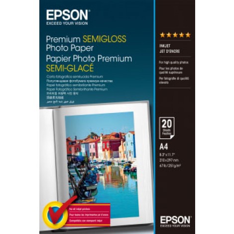 Epson Premium - Carta bianca fotografica semi lucida, A4, 20 fogli, 251gr - 1pz - C13S041332