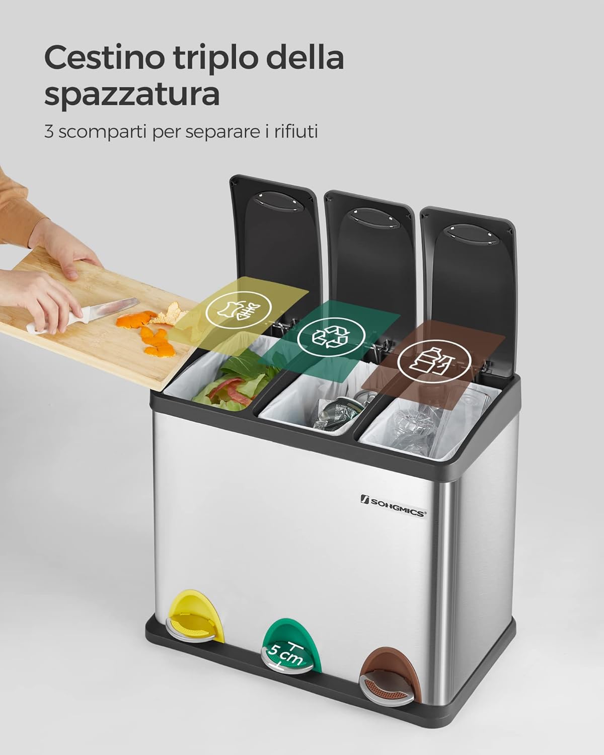 Pattumiera per Rifiuti tris 3 x 8 L Pattumiera Differenziata cm. 47x28xH39 - C92TRIS38 - immagine 2