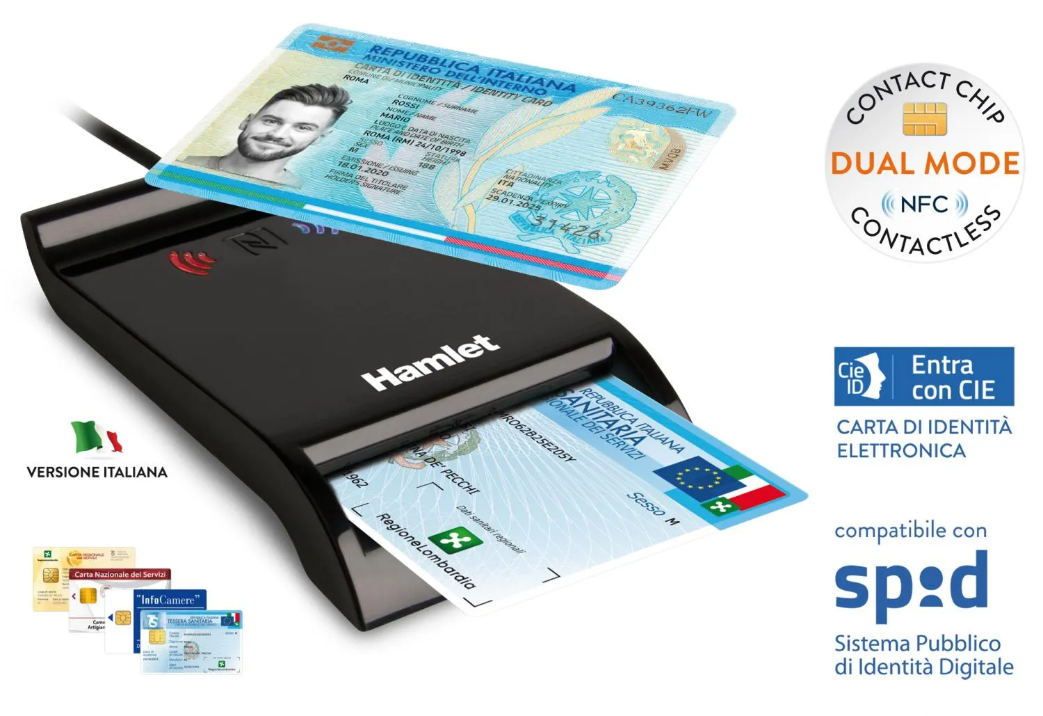 Hamlet Lettore a Contatto e Contacless NFC per SmartCard e Carta Identità CIE 3.0 - HUSCR-NFC