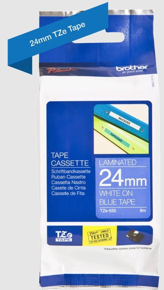 Brother Nastro tipo TZe per PT-7600VP, 24mm x 8m, bianco su blu - TZE555 - C92B61171
