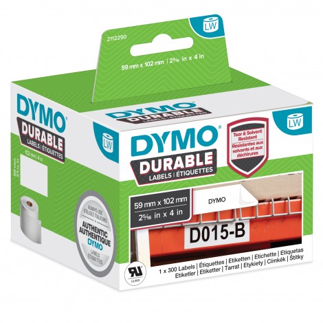 Dymo Rotolo 300 etichette adesive permanenti rivestite in plastica (59mmx102mm), resistono al distacco da abrasione, calore, umidità, solventi e detergenti, rendendole ideali per scaffalature, marcatori per pavimenti e stoccaggio di prodotti chimici, colore bianco - 2112290