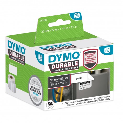 Dymo Rotolo 800 etichette adesive permanenti rivestite in plastica (57mmx32mm), resistono al distacco da abrasione, calore, umidità, solventi e detergenti, rendendole ideali per scaffalature, marcatori per pavimenti e stoccaggio di prodotti chimici - 2112289