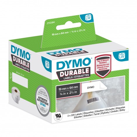 Dymo Rotolo 450 etichette adesive permanenti rivestite in plastica (19mmx64mm), resistono al distacco da abrasione, calore, umidità, solventi e detergenti, rendendole ideali per scaffalature, marcatori per pavimenti e stoccaggio di prodotti chimici, colore bianco - 2112284
