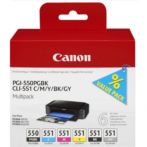 Canon PGI550/CLI551 multipack PGBKCMYKGY - Cartuccia inchiostro nero, ciano, magenta, giallo, nero e grigio per PIXMA IP 8720 - 1Conf. - 6496B005 - C92C25712