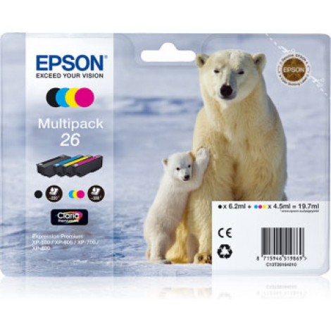 Epson 26 Cartuccia inchiostro nero, ciano, magenta e giallo per EXPRESSION PREMIUM XP 600 (1x220pg - 3x300pg) 1Conf. - C13T26164010 - C92E22185