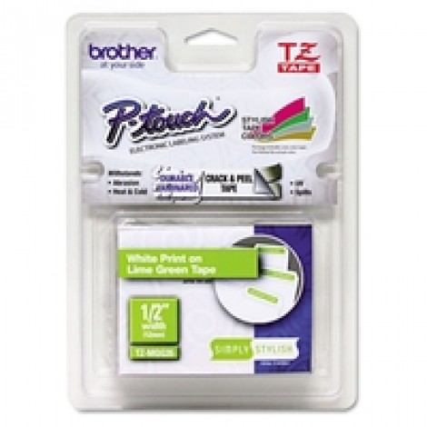 Brother TZEMQG35 Nastro tipo TZ per PT-6/15/20/2000, 12mm x 5m, laminato opaco, bianco su verde acido - C92B61174