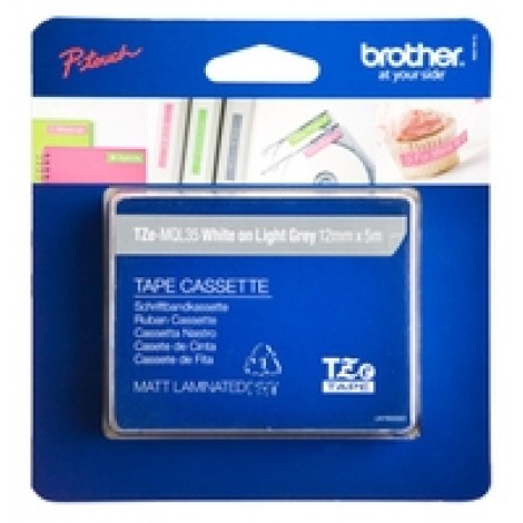 Brother TZEMQL35 Nastro tipo TZ per PT-6/15/20/2000, 12mm x 5m, laminato opaco, bianco su grigio chiaro - C92B61175