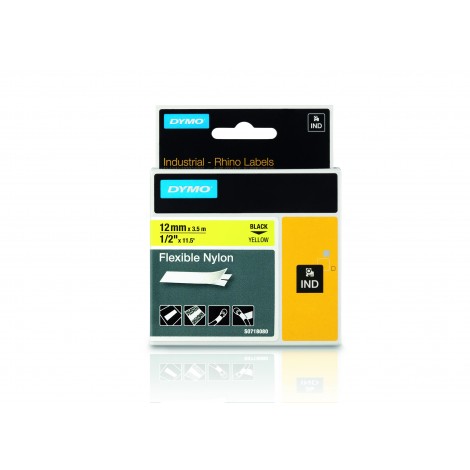 Dymo 18490 Nastro Rhino in nylon flessibile, 12mm x 3,5m, nero su giallo - C92DY6080