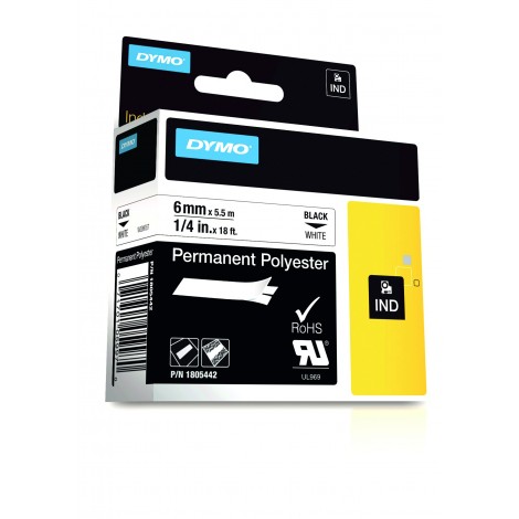 Dymo 1805442 Nastro Rhino in poliestere permanente, 6mm x 5,5m, nero su bianco - C92DY6086