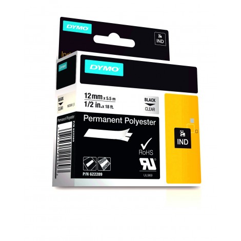 Dymo 622289 Nastro Rhino in poliestere permanente, 12mm x 5,5m, nero su trasparente - C92DY6097