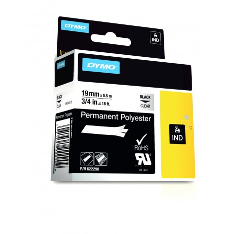 Dymo 622290 Nastro Rhino in poliestere permanente, 19mm x 5,5m nero su trasparente -  C92DY6101