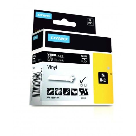 Dymo 1805437 Nastro Rhino in vinile colorato, 9mm x 5,5m, bianco su nero - C92DY6106