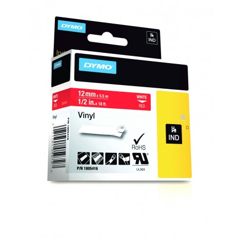 Dymo 1805416 Nastro Rhino in vinile colorato, 12mm x 5,5m, bianco su rosso - C92DY6107