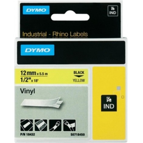 Dymo 18432 Nastro Rhino in vinile colorato, 12mm x 5,5m, nero su giallo - C92DY6115