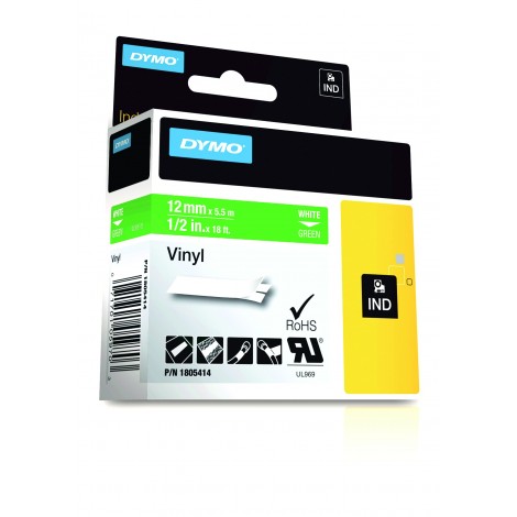 Dymo 1805414 Nastro Rhino in vinile colorato, 12mm x 5,5m, bianco su verde - C92DY6117