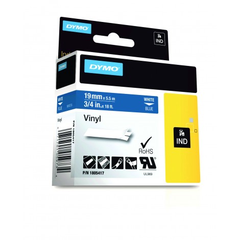 Dymo 1805417 Nastro Rhino in vinile colorato, 19mm x 5,5m, bianco su blu - C92DY6128