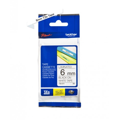 Brother TZE211 Nastro tipo TZe per PT-1010/1280, 6mm x 8m, nero su bianco - C92B61005