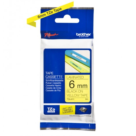 Brother TZE611 Nastro tipo TZe per PT-1010/1280, 6mm x 8m, nero su giallo - C92B61006
