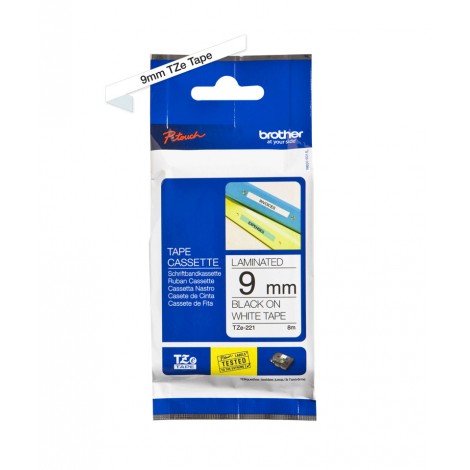 Brother TZE221 Nastro tipo TZe per PT-1010/1280, 9mm x 8m, nero su bianco - C92B61007