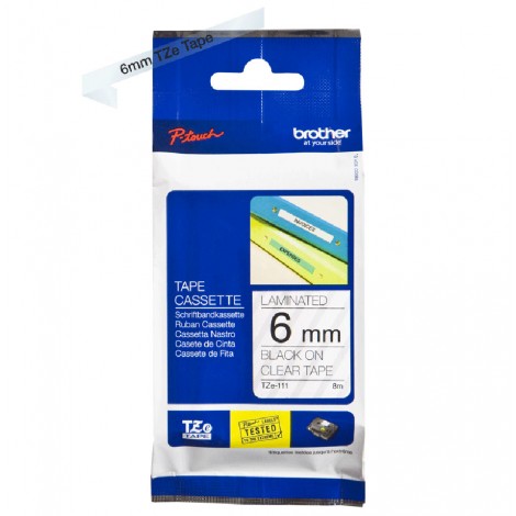 Brother TZE111 Nastro tipo TZe per PT-1010/1280, 6mm x 8m, nero su trasparente - C92B61026