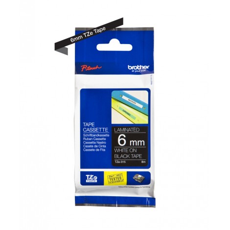 Brother TZE315 Nastro tipo TZe per PT-1010/1280, 6mm x 8m, bianco su nero - C92B61027