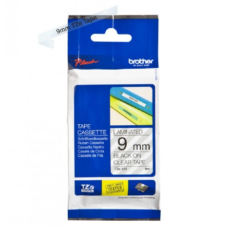 Brother TZE121 Nastro tipo TZe per PT-1010/1280, 9mm x 8m, nero su trasparente - C92B61029