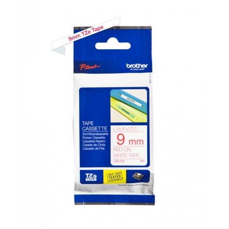 Brother TZE222 Nastro tipo TZe per PT-1010/1280, 9mm x 8m, rosso su bianco - C92B61032