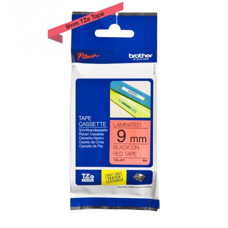Brother TZE421 Nastro tipo TZe per PT-1010/1280, 9mm x 8m, nero su rosso - C92B61035
