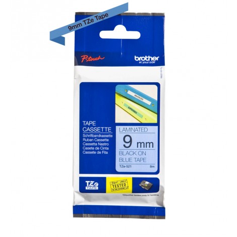 Brother TZE521 Nastro tipo TZe per PT-1010/1280, 9mm x 8m, nero su blu - C92B61036