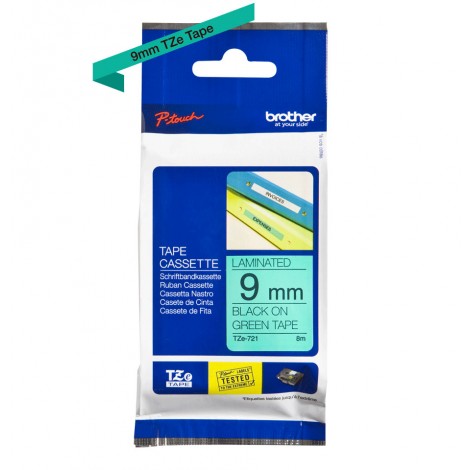 Brother TZE721 Nastro tipo TZe per PT-1010/1280, 9mm x 8m, nero su verde - C92B61037