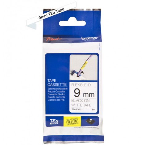 Brother TZEFX221 Nastro tipo TZe per PT-1010/1280, 9mm x 8m, nero su bianco, flessibile - C92B61038