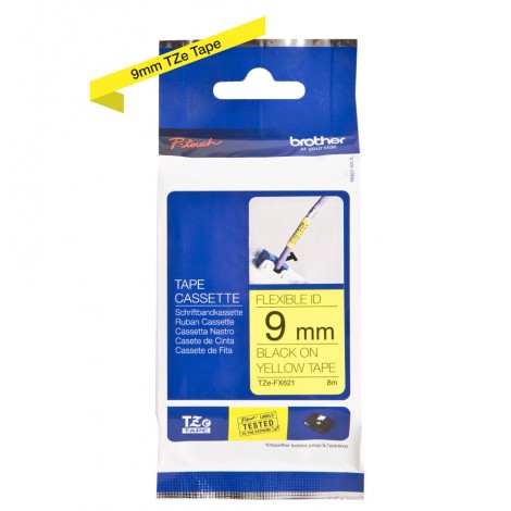 Brother TZEFX621 Nastro tipo TZe per PT-1010/1280, 9mm x 8m, nero su giallo, flessibile - C92B61039