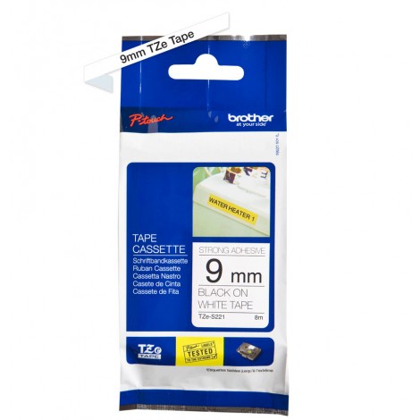 Brother TZES221 Nastro tipo TZe per PT-1010/1280, 9mm x 8m, nero su bianco - C92B61040