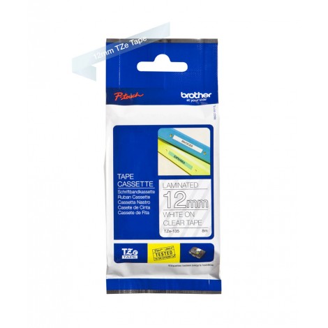 Brother TZE135 Nastro tipo TZe per PT-1010/1280, 12mm x 8m, bianco su trasparente - C92B61044
