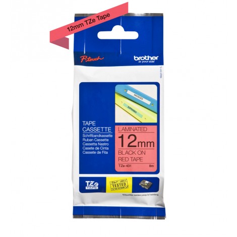 Brother TZE431 Nastro tipo TZe per PT-1010/1280, 12mm x 8m, nero su rosso - C92B61049