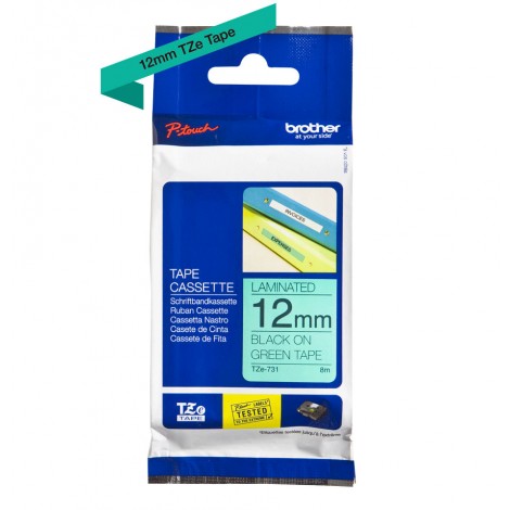 Brother TZE731 Nastro tipo TZe per PT-1010/1280, 12mm x 8m, nero su verde - C92B61053
