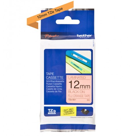 Brother TZEB31 Nastro tipo TZe per PT-1010/1280, 12mm x 5m, nero su arancione fluorescente - C92B61055