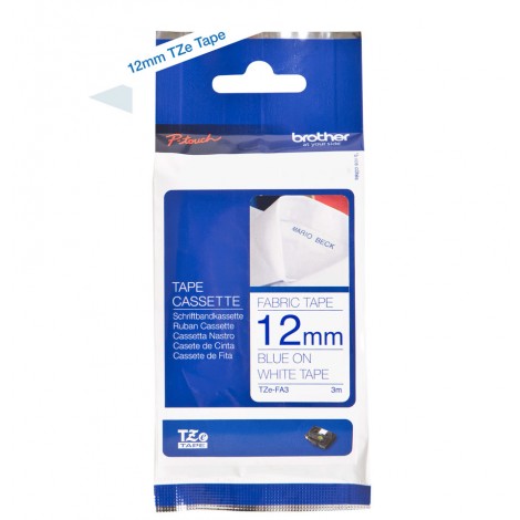 Brother TZEFA3 Nastro tipo TZe per PT-1010/1280, 12mm x 3m, blu su bianco, tessuto - C92B61057
