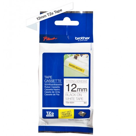 Brother TZES231 Nastro tipo TZe per PT-1010/1280, 12mm x 8m, nero su bianco, adesivo resistente - C92B61060