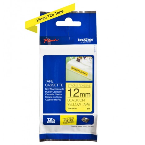 Brother TZES631 Nastro tipo TZe per PT-1010/1280, 12mm x 8m, nero su giallo, adesivo resistente - C92B61061