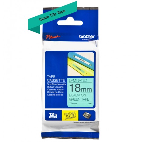 Brother TZE741 Nastro tipo TZe per PT-18R/2460, 18mm x 8m, nero su verde - C92B61068