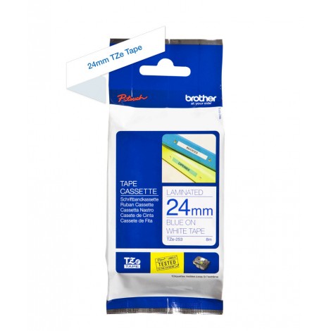 Brother TZE253 Nastro tipo TZe per PT-7600VP/2700VP, 24mm x 8m, blu su bianco - C92B61082