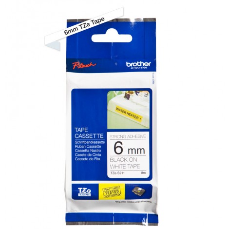 Brother TZES211 Nastro tipo TZe per PT-3600/1230PC, 6mm x 8m, nero su bianco, adesivo resistente - C92B61142