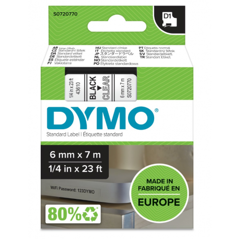 Dymo S0720770 Nastro D1 standard in poliestere per Labelmanager/Labelpoint, 6mm x 7m, nero su trasparente - C92DY6005