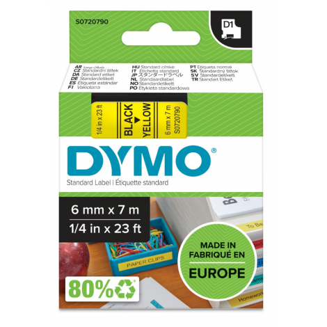Dymo S0720790 Nastro D1 standard in poliestere per Labelmanager/Labelpoint, 6mm x 7m, nero su giallo - C92DY6013
