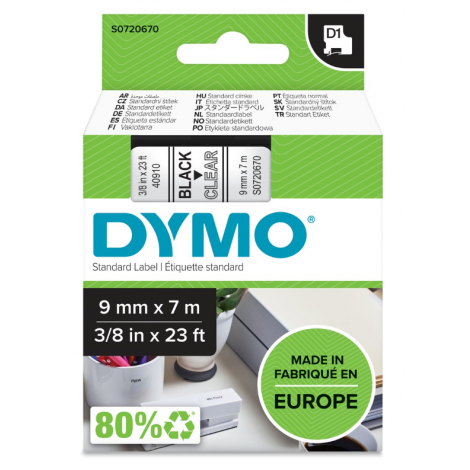 Dymo S0720670 Nastro D1 standard in poliestere per Labelmanager/Labelpoint, 9mm x 7m, nero su trasparente - C92DY6016