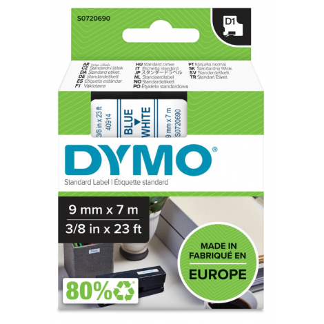 Dymo S0720690 Nastro D1 standard in poliestere per Labelmanager/Labelpoint, 9mm x 7m, blu su bianco - C92DY6018