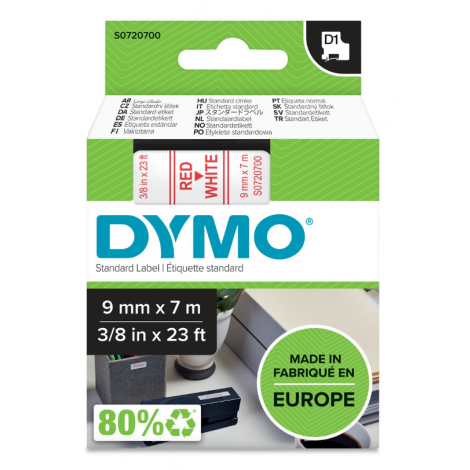 Dymo S0720700 Nastro D1 standard in poliestere per Labelmanager/Labelpoint, 9mm x 7m, rosso su bianco - C92DY6023